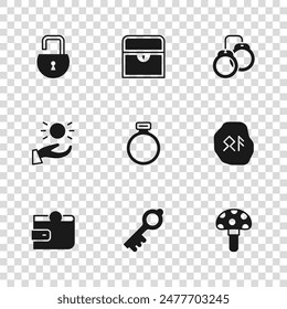 Set Old magic key, Magic runes, Psilocybin mushroom, stone ring, Handcuffs, Open padlock, Antique treasure chest and Ball levitating above hand icon. Vector