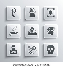Set Old magic key, Skull, Magic scroll, All-seeing eye of God, Bottle with potion, stone, Wooden axe and Ancient book icon. Vector