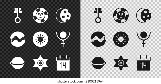 Set Old magic key, Sun, Eclipse of the sun, Planet Saturn, Falling star, Calendar,  and  icon. Vector