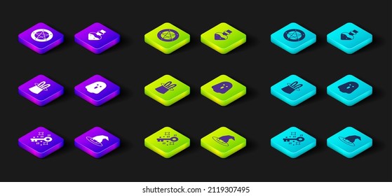 Set Old magic key, Witch hat, Magician and rabbit ears, Ghost, Bottle with potion and Pentagram in circle icon. Vector