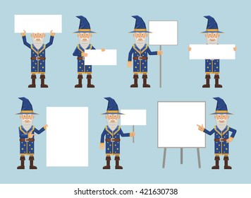 Set of old magician characters posing with different blank banners. Cheerful wizard with paper, poster, placard, pointing to whiteboard, teach, advertise, promote. Flat style vector illustration