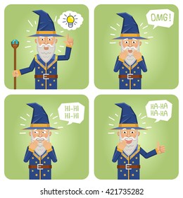 Set of old magician characters posing in different situations. Cheerful wizard laughing, pointing up, crying, showing thumb up gesture. Emoticons, emoji. Flat style vector illustration