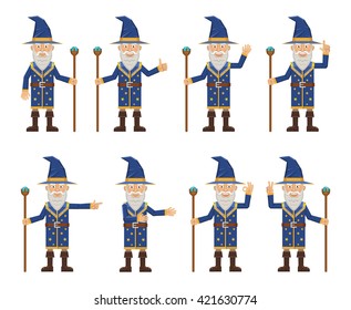 Set of old magician characters showing different hand gestures. Cheerful wizard showing thumb up, waving, greeting, pointing up, victory sign and other hand gestures. Flat style vector illustration