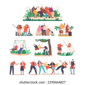 Set Old Male and Female Characters Having Fun. Senior People Playing in Rock Band, Swinging, Chatting on Bench in Park, Travel Abroad. Pensioner Happy Lifestyle, Leisure. Cartoon Vector Illustration