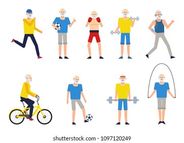 Set of old man characters doing various sports. Cheerful old man running, playing football, boxing, jumping and doing other actions. Flat design vector illustration
