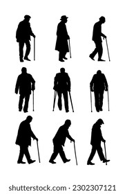 Set of old man with crutches vector silhouette illustration isolated on white background. Senior walking with stick. Health care outdoor activity. Strong will person recover after injury. Health care.