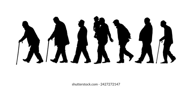 Set of old man with crutches vector silhouette illustration isolated on white background. Senior walking with stick. Health care outdoor activity. Strong will person recover after injury. Health care.