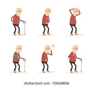 Set of old man diseases. Senior sick. Vector illustration flat design