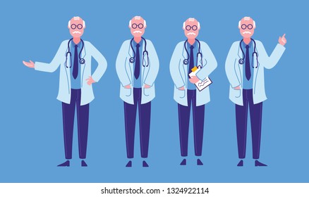 Set of old man doctor characters in simple flat design style