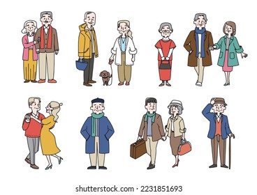 A set of an old man and an elderly couple who enjoy casual and fashionable fashion Illustrations of people with loose line drawings
