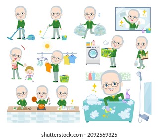 A set of Old man in a green jersey related to housekeeping such as cleaning and laundry.It's vector art so easy to edit.