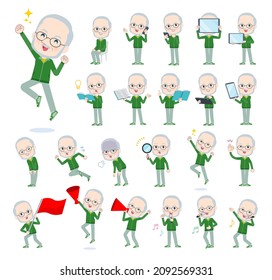 A set of Old man in a green jersey with digital equipment such as smartphones.It's vector art so easy to edit.