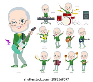 A set of Old man in a green jersey playing rock 'n' roll and pop music.It's vector art so easy to edit.