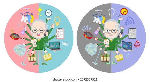 A set of Old man in a green jersey who perform multitasking in offices and private.It's vector art so easy to edit.