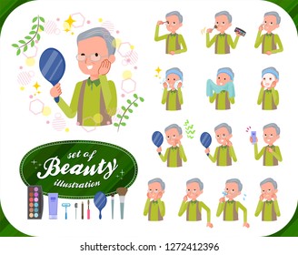 A set of old man on beauty.There are various actions such as skin care and makeup.It's vector art so it's easy to edit.