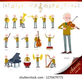 A set of old man on classical music performances.There are actions to play various instruments such as string instruments and wind instruments.It's vector art so it's easy to edit.