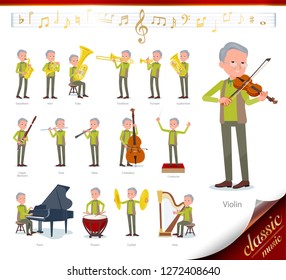 A set of old man on classical music performances.There are actions to play various instruments such as string instruments and wind instruments.It's vector art so it's easy to edit.