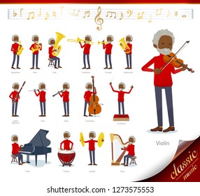 A set of old man on classical music performances.There are actions to play various instruments such as string instruments and wind instruments.It's vector art so it's easy to edit.