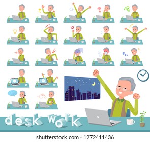 A set of old man on desk work.There are various actions such as feelings and fatigue.It's vector art so it's easy to edit.