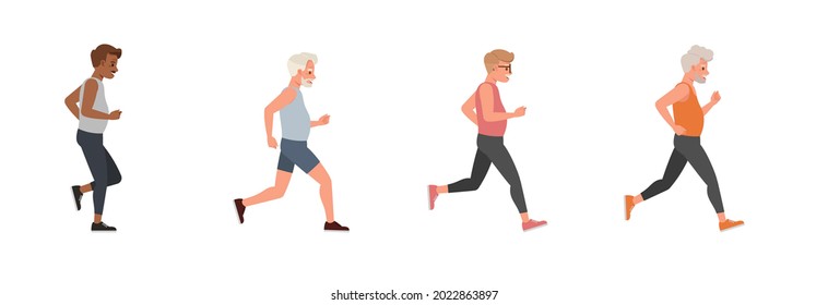 Conjunto de diseño vectorial de caracteres antiguos en ejecución. Grupo de personas haciendo footing haciendo ejercicio juntos.