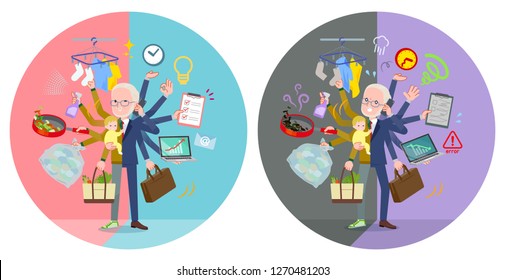 A set of old man who perform multitasking in offices and private.There are things to do smoothly and a pattern that is in a panic.It's vector art so it's easy to edit.