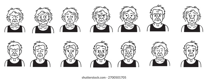 Conjunto de caras de hombre y mujer con varias expresiones emocionales aisladas sobre fondo blanco. Concepto de personajes sénior, emociones envejecidas, estados psicológicos, colección de avatar, Elementos de diseño.