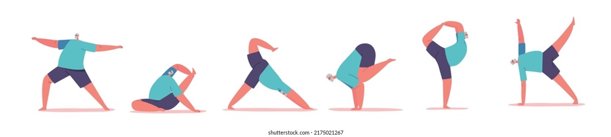 Set of Old Man in Yoga Asana Poses. Elderly Male Character Practice Healthy Lifestyle, Relaxation. Meditating in Different Postures, Flexibility, Balance, Harmony. Cartoon People Vector Illustration