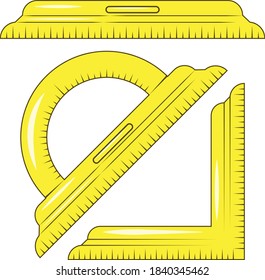 A set of old measuring instruments. Ruler, angle, protractor.
