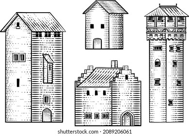 A set of old medieval houses and other building drawings or map design elements in a vintage engraved woodcut style