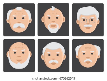 Set of old men face icons on gray background. Vector illustration