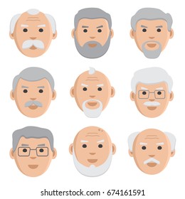 Set Of Old Men Face Icons. Vector Illustration