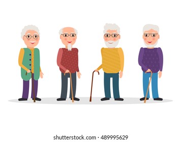 Set of old men with glasses and canes in flat style. EPS10 vector collection of elderly men characters with walking sticks.