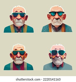 Set old men. Grandpa. a charming grandfathers. cheeky and funny men. Glasses and sunglasses. Portrait of an old men with glasses, colorful set. Vector illustration