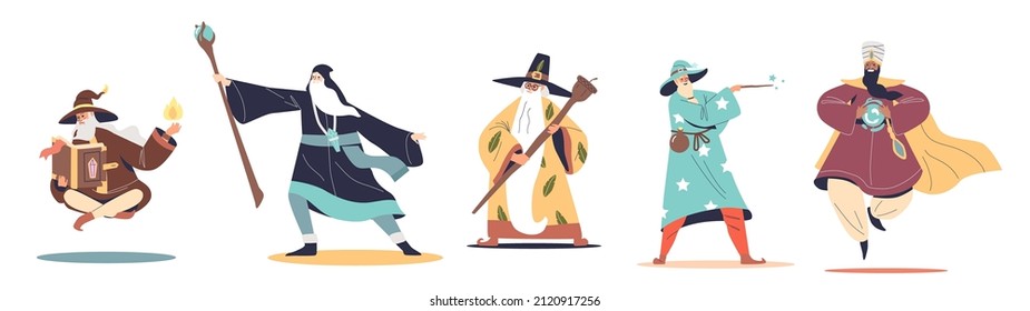 Set of old men magicians and wizards with long beards dressed in magical robes and hat using wand, staff and crystal for magical tricks on white background. Cartoon flat vector illustration