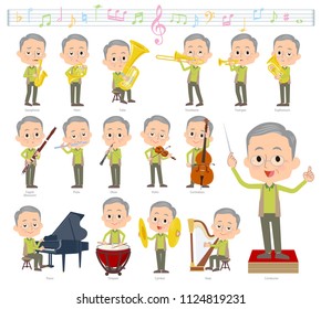 A set of old men on classical music performances.There are actions to play various instruments such as string instruments and wind instruments.It's vector art so it's easy to edit.