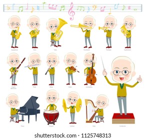 A set of old men on classical music performances.There are actions to play various instruments such as string instruments and wind instruments.It's vector art so it's easy to edit.