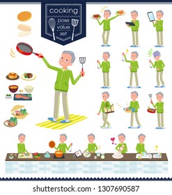 A set of old men in sportswear about cooking.There are actions that are cooking in various ways in the kitchen.It's vector art so it's easy to edit.