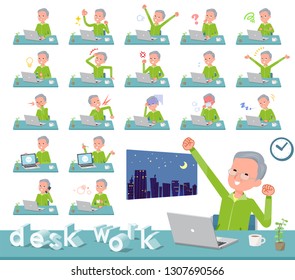 A set of old men in sportswear on desk work.There are various actions such as feelings and fatigue.It's vector art so it's easy to edit.