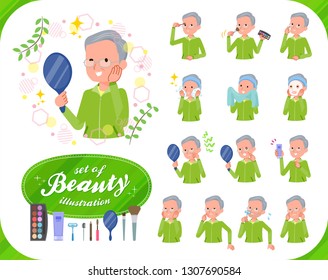 A set of old men in sportswear on beauty.There are various actions such as skin care and makeup.It's vector art so it's easy to edit.