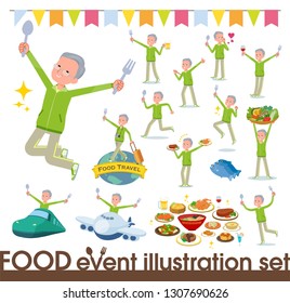 A set of old men in sportswear on food events.There are actions that have a fork and a spoon and are having fun.It's vector art so it's easy to edit.