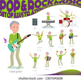 A set of old men in sportswear playing rock 'n' roll and pop music.There are also various instruments such as ukulele and tambourine.It's vector art so it's easy to edit.