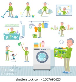 A set of old men in sportswear related to housekeeping such as cleaning and laundry.There are various actions such as child rearing.It's vector art so it's easy to edit.