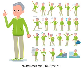 A set of old men in sportswear with who express various emotions.There are actions related to workplaces and personal computers.It's vector art so it's easy to edit.