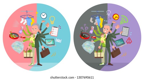 A set of old men in sportswear who perform multitasking in offices and private.There are things to do smoothly and a pattern that is in a panic.It's vector art so it's easy to edit.