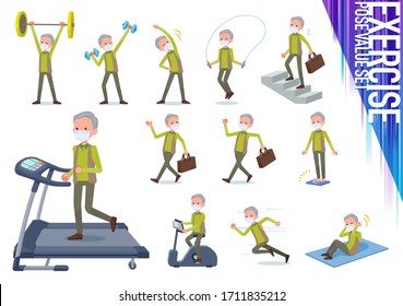 A set of old men wearing mask on exercise and sports.There are various actions to move the body healthy.It's vector art so it's easy to edit.