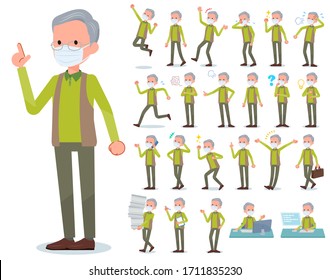 A set of old men wearing mask with who express various emotions.There are actions related to workplaces and personal computers.It's vector art so it's easy to edit.