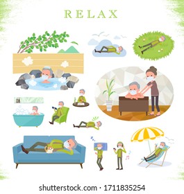 A set of old men wearing mask about relaxing.There are actions such as vacation and stress relief.It's vector art so it's easy to edit.