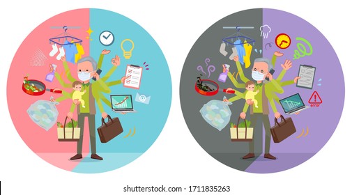 A set of old men wearing mask who perform multitasking in offices and private.There are things to do smoothly and a pattern that is in a panic.It's vector art so it's easy to edit.