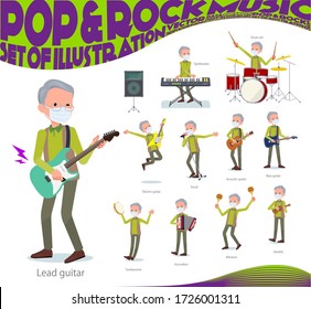 Un grupo de viejos con mascarillas tocando rock 'n' roll y música pop. También hay varios instrumentos como ukulele y tambourine. Es arte vectorial, así que es fácil de editar.