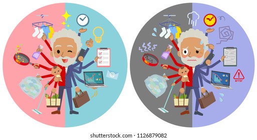 A set of old men who perform multitasking in offices and private.There are things to do smoothly and a pattern that is in a panic.It's vector art so it's easy to edit.